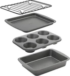4-PIECE Nonstick Steel Toaster Oven Set With Sheet Pan, Rack, Cake And Muff. Fixed Price $26.95.
