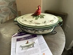 New! Temptations Figural Cardinal 2 Qt Baker W/ Ceramic Lid, Glass Trivet, Stand. Fixed Price $35.00.