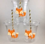 Party Cups Birthday Set Of 12 With Lids Straws Foxes. Fixed Price $26.99.