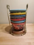 Pioneer Woman Fancy Flourish Ramekin 6PCS Set Carrying Metal Caddy Stoneware. Fixed Price $60.00.