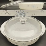 Glasbake Milk Glass Atomic Starburst Round Covered Casserole/cake Pan Usa 1.5QT. Fixed Price $28.00.