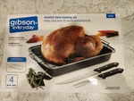 New Gibson Everyday 4 Pc Non-stick Roasting Set W/ Pan Rack Carving Knife & Fork. Fixed Price $12.99.