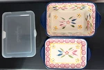 Temptations By Tara Old World Confetti Blue 1QT Loaf Dish With Lid & Tray Read. Fixed Price $20.49.