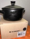 Le Creuset Matte Black Mini Round 8 Oz Cocotte Shiny Bat Decal Halloween Nib. Fixed Price $49.00.