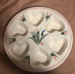 Vintage 1990 Clay Design Heart Muffin Pan With Painted Iris Floral 10". Fixed Price $16.00.