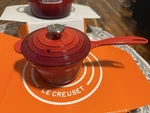 Creuset Iron Handle Saucepan Cerise Enamel Cast 16CM 1.25QT Lid. Fixed Price $185.00.