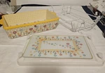 Temptations Large Yellow Gingham Garden Ovenware With Lid Basket & Glass Trivet. Fixed Price $29.95.