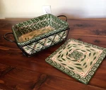 Temptations Old World Green 1.5 Qt. Square Baker Dish, Trivet Wire Basket Stand. Fixed Price $17.80.