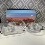 Vintage Anchor Hocking Country Accents Glass Bakeware 4 Pc Set Nos Ovenware Usa. Fixed Price $24.00.