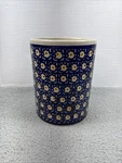 Boleslawiec Polish Pottery Utensil Holder Stoneware Blue 7" Yellow Crock. Fixed Price $44.50.