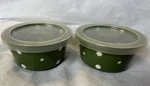 Vtg Set Of 2 Temp-tations Green Polka Dot 6 Oz Ramekin Bowl Bakeware Ovenware. Fixed Price $27.95.
