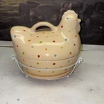 Temptations By Tara Polka Dot Hen/chicken 2 Qt Casserole W/rack & Trivet. Fixed Price $36.00.