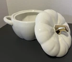 Crofton 2 Qt White Ceramic Pumpkin Casserole Covered Dish 10 Gold Handle. Fixed Price $29.88.