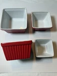 Bia Ceramic Square Ramekin Set Red White Oven Safe Four-piece. Fixed Price $39.00.