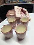 Temptations By Tara Old World Red Square Box And 4 Coffee Cups. Fixed Price $34.00.