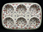 Polish Pottery 6 Muffin Pan Winter Bullfinch Red Bird Manufaktura Boleslawiec. Fixed Price $56.00.