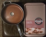 T-fal Copper Saute Pan & Farberware Rose GOLD+2 Baking Sheet Set 3 Pc Brand New. Fixed Price $34.99.