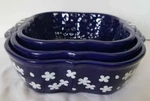 3 Pc Temptations Square Bowl Set, 1 With Lid Field Of Flowers Cobalt Blue. Fixed Price $50.00.