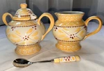 Temptations By Tara Old World Yellow Sugar Bowl With Spoon And Creamer Set. Fixed Price $25.00.