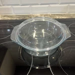 Marinex Clear Ice Blue 9" Round 2 Qt. Glass Covered Casserole Made Brazil. Fixed Price $8.36.