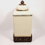 Gracious Goods Gg Collection Large 15" Cream Canister Acanthus Leaf & Metal Base. Fixed Price $85.00.
