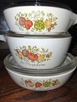 Corningware Vegetable Print Glass & Ceramic Round Casserole Set With Lids, White. Fixed Price $30.00.