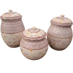Temptations Old World Cranberry 3 Canisters With Lids By Tara Red Kitchen Decor. Fixed Price $65.00.