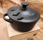 Le Creuset Matte Black Mini Round 8 Oz Cocotte Shiny Bat Decal Halloween Nib. Fixed Price $59.95.