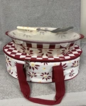 Temptations Old World Red 3QT Casserole Dish,lid,stand, Insulated Carrier, Spoon. Fixed Price $37.49.