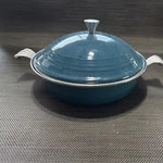 Fiesta Round Covered Casserole Dish W/ Lid & Metal Handles, Blue/silver. Fixed Price $12.00.