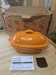 Pampered Chef Mini Deep Covered Baker Stoneware 1.5 Qt Dish Lid Orange. Fixed Price $42.00.
