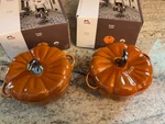 Ceramic 2-PC Petite Pumpkin Cocotte Set, 0.5-QT/16-OZ, Burnt Orange Nib. Fixed Price $52.95.