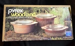 Sealed Box Vintage Pyrex Woodland Brown 470-6 3-PC Bake, Serve & Store Set. Fixed Price $195.00.
