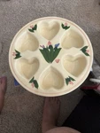 Vintage 1990 Clay Design Heart Muffin Pan With Painted Iris Floral 10". Fixed Price $35.99.