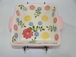 Temptations By Tara Ovenware 9" Ceramic Baker With Stand Cover Dahlia Design. Fixed Price $39.99.