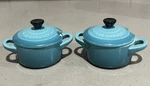 Pair Le Creuset Stoneware Mini Covered Condiment Pots Teal W/lid No Spoon. Fixed Price $35.00.