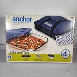 Anchor Hocking 4 Pc Essentials Bake Take 3 Qt Casserole W/blue Lid & Tote Bag. Fixed Price $33.99.