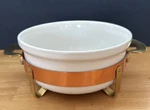 Vintage Old Dutch Solid Copper Brass Stand Ceramic Casserole Dish 8 Diam. Fixed Price $34.99.