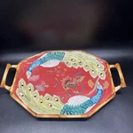 Tracy Porter Artesian Road Oval Tray Bamboo Trim Handles Peacocks Large 15-1/2. Fixed Price $30.58.