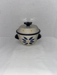 New Temptations Old World Tara Blue Flower Floral Lace Covered Steamer Dish Bowl. Fixed Price $19.99.