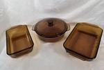 Vintage Anchor Hocking Amber Glass Bakeware Set Of 3 Casserole Dish With Lid Usa. Fixed Price $59.95.