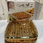 Tabletops Unlimited Dolly Parton 1.9 Qt Glass Square Baker & Wicker Basket. Fixed Price $18.00.