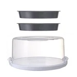 MAINSTAYS12 Inch Clear Cake Carrier With 2PK9 Gray Round Pans, Carbon Steel. Fixed Price $21.56.