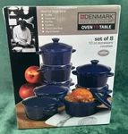 (nib) Denmark Oven Table 10 Oz Stoneware Cocottes, Set Of 8, Deep Blue. Fixed Price $31.95.