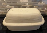 Pampered Chef Family Heritage Stoneware 17 X 11 Roaster Pan W/ Lid Dome Covered. Fixed Price $60.00.