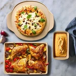 Pampered Chef Stoneware Starter Set 3PC Beige Pizza Baking & Loaf Pans. Fixed Price $70.30.