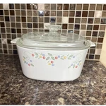 Vtg Corningware White Floral Glass Rectangle Casserole Dish W/ Lid Handle. Fixed Price $25.00.