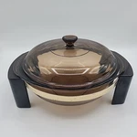 Vtg Pyrex 2QT Party Server Covered Casserole With Brass Accent Cradle 6241-F. Fixed Price $21.97.