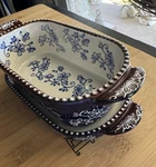 Temptations Floral Lace Cobalt Blue/brown- 0.5 Quart Baker Dish With Trivet. Fixed Price $29.99.