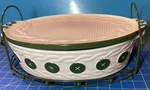 Temptations Green & Cream 3 Piece Set Qt Casserole, Cover/lid Metal Trivet. Fixed Price $28.00.